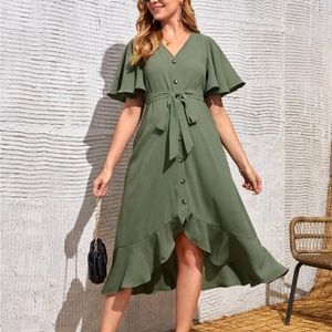 SHEIN Maternity Flutter Sleeve Button Ruffle Hem Belted Dress